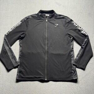 Gymshark Mens Full Zip Track Jacket XL Black Graphic Sleeve Logo Warm Up Gym